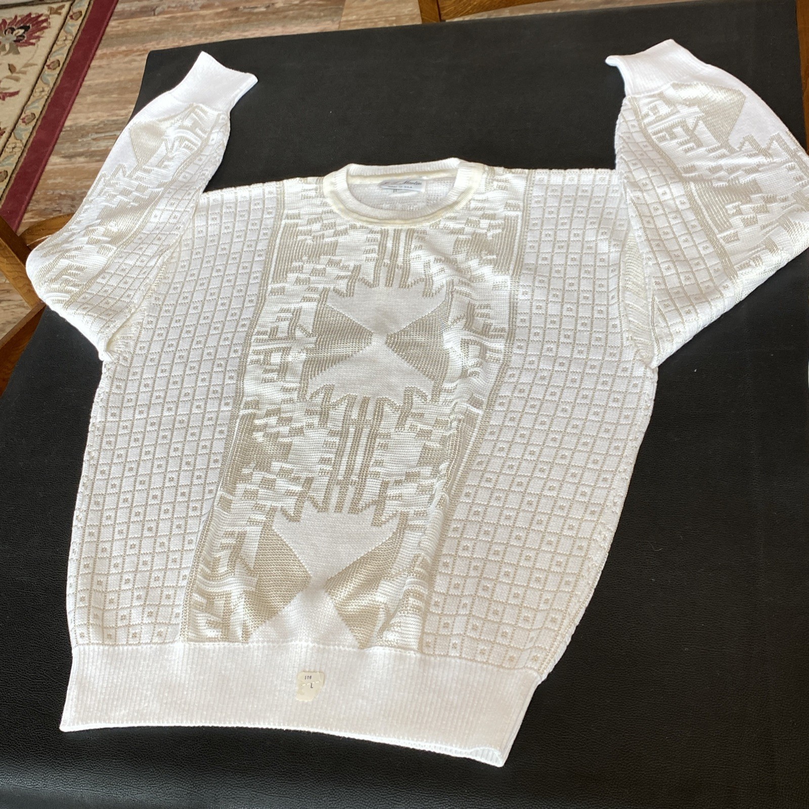 VTG 1970s JT MARTIN Mens WHITE 2 Tone Abstract Geometric Knit Sweater 65% Cotton