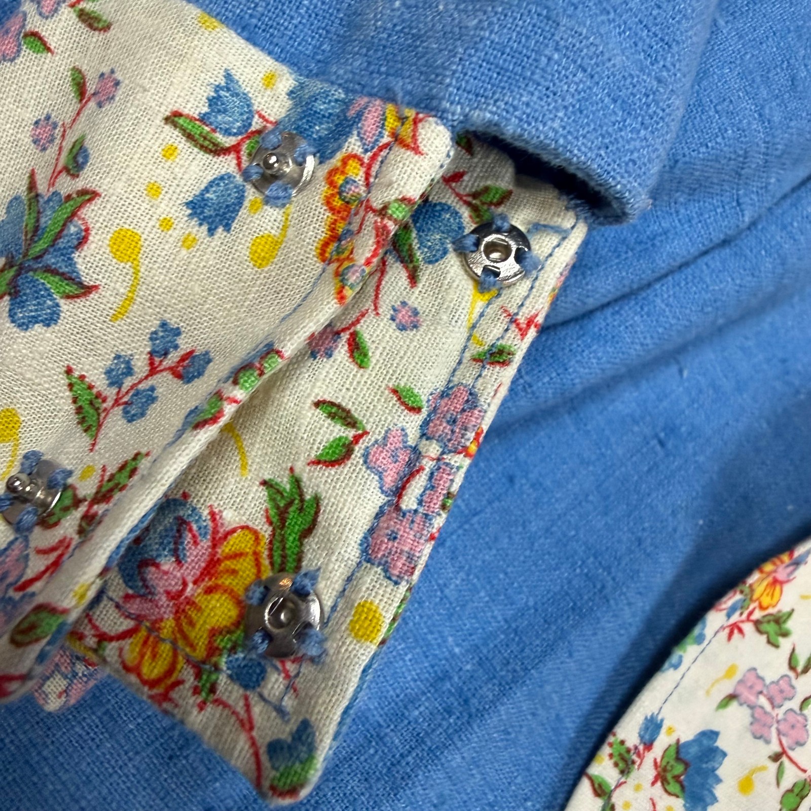Vintage 70s Farm Dress Chambray Floral Cottage Core Boho 60s Prairie Medium 8-10