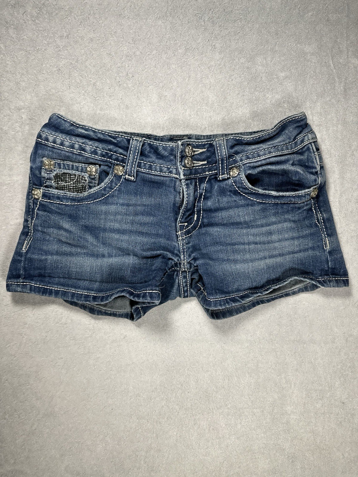 Vntg Miss Me Y2K Angel Wing Rhinestone Bling Denim Shorts Thick Stitch Size 27