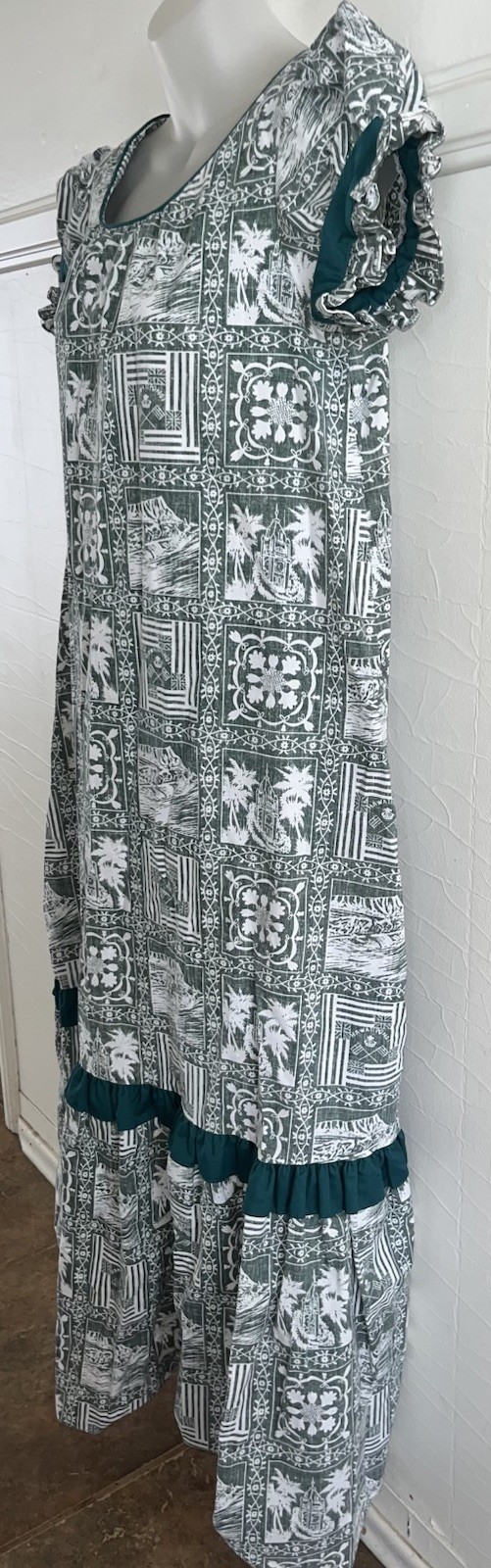 Vtg 1980s 90s REYN SPOONER Green Hawaiian Lahaina Sailor Print Mumu Muumuu-Sz XS