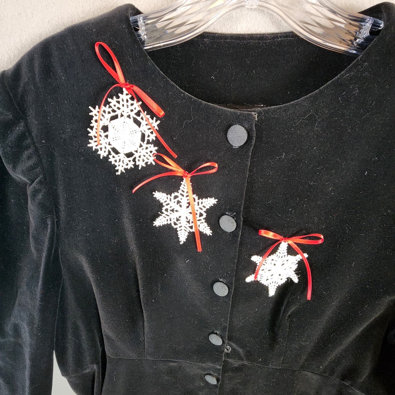 Holiday Dress Black Velvet w/Snowflake Appliqué Red Bows Button Front Long