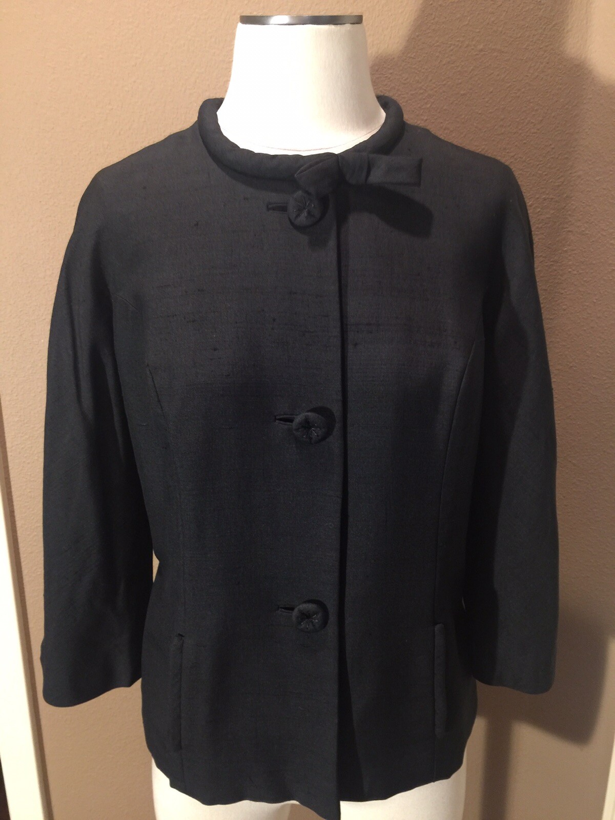Vintage Retro 10/12 L Black Collarless Jacket W 3/4 Sleeves & Pockets