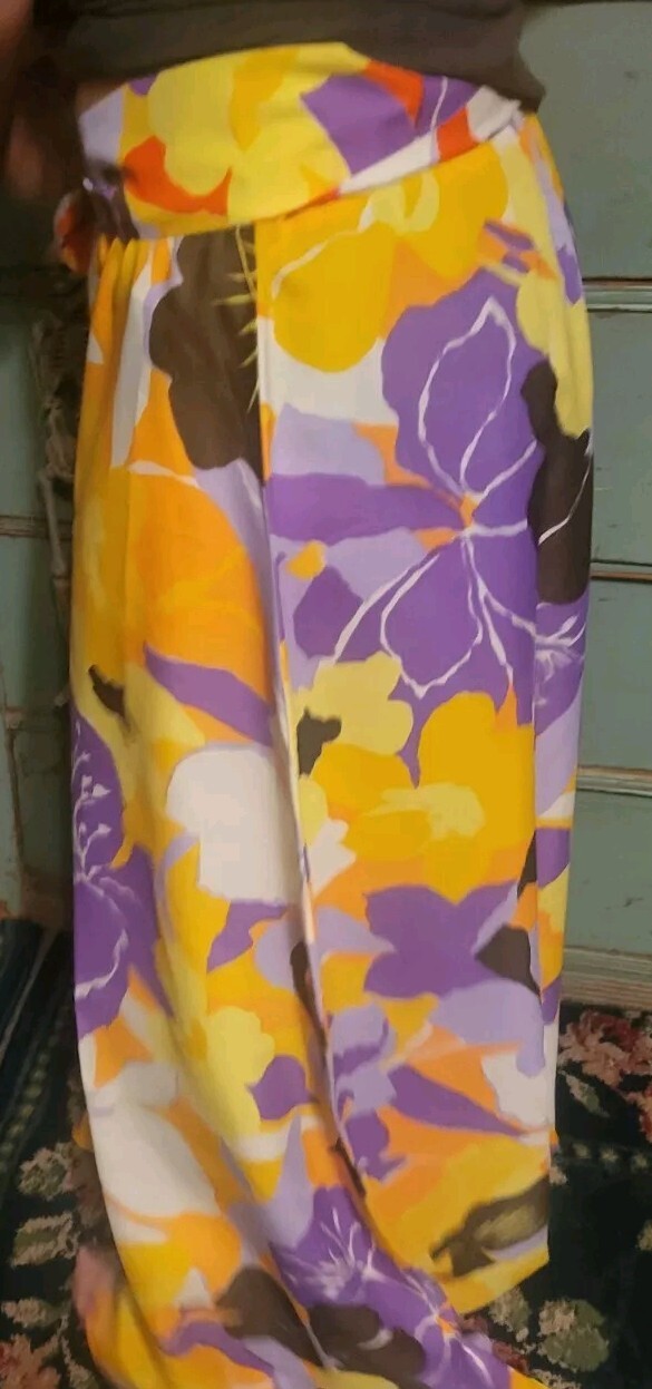 Retro vintage hippy glamour groovy yellow purple orange palazoo pants womens 9
