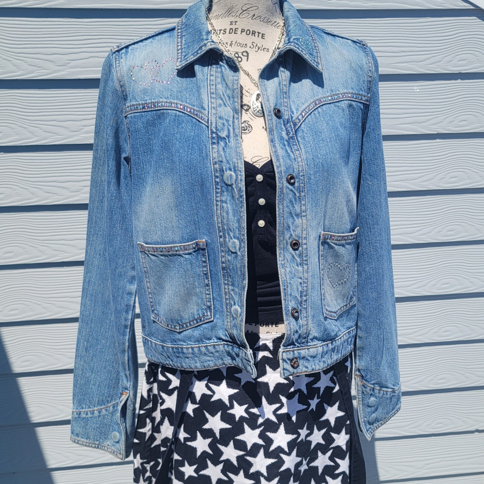Vintage Y2K Upcycled Redone Custom Bling Gothic Cross Western Jean Jacket Medium