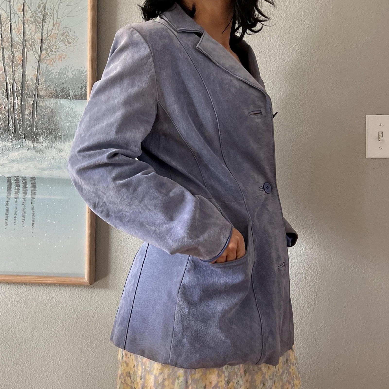 Vintage 1990s Lavender Suede Jacket Minimalist Leather Blazer Lage