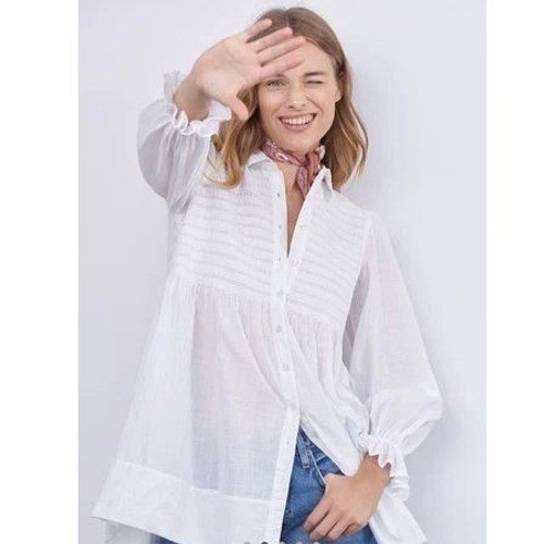 Anthropologie Maeve Vicki Smoked Tunic White Ruffle Sleeve Size Small Button up