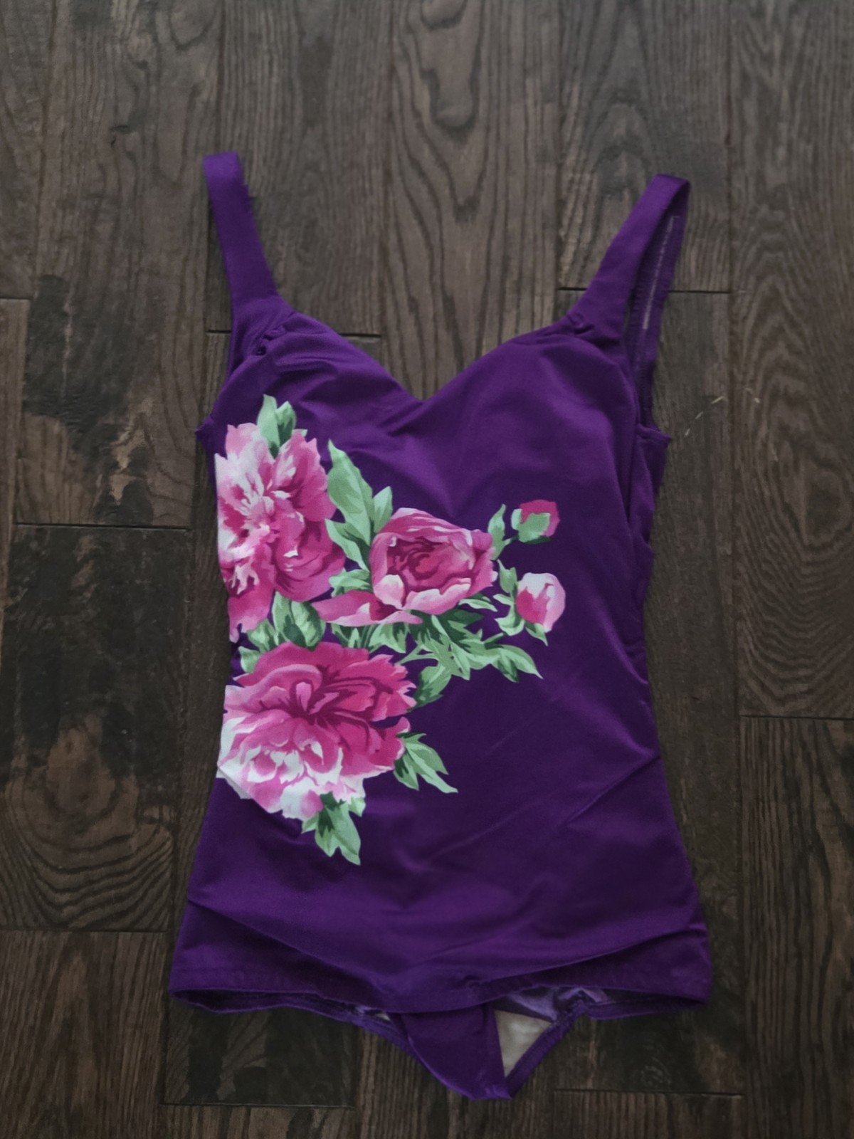 💜Vintage Roxanne Bra Purple Floral 1 Piece Swimsuit Pin Up Bathing Suit Retro💜