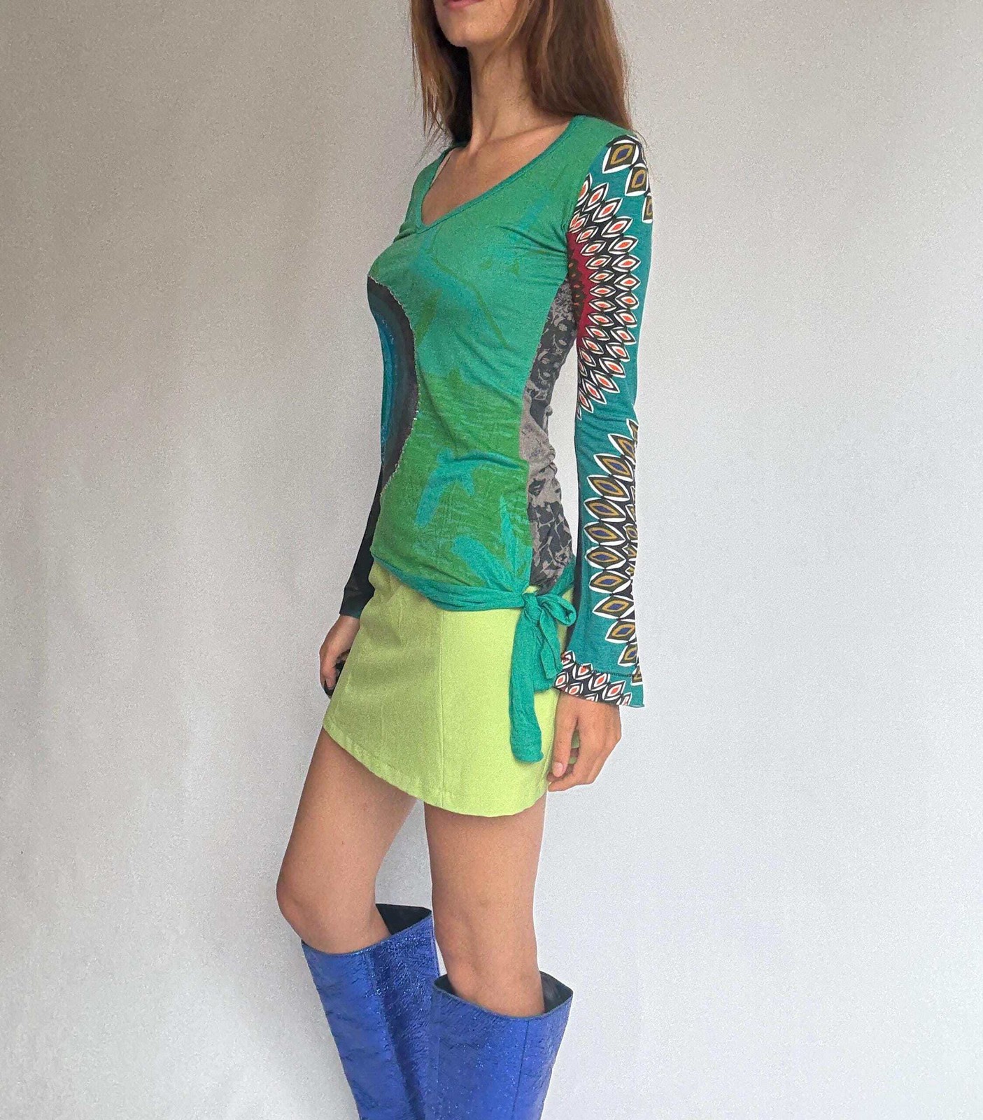 Desigual long sleeve green graphic blouse – bold print, tie waist detail – soft
