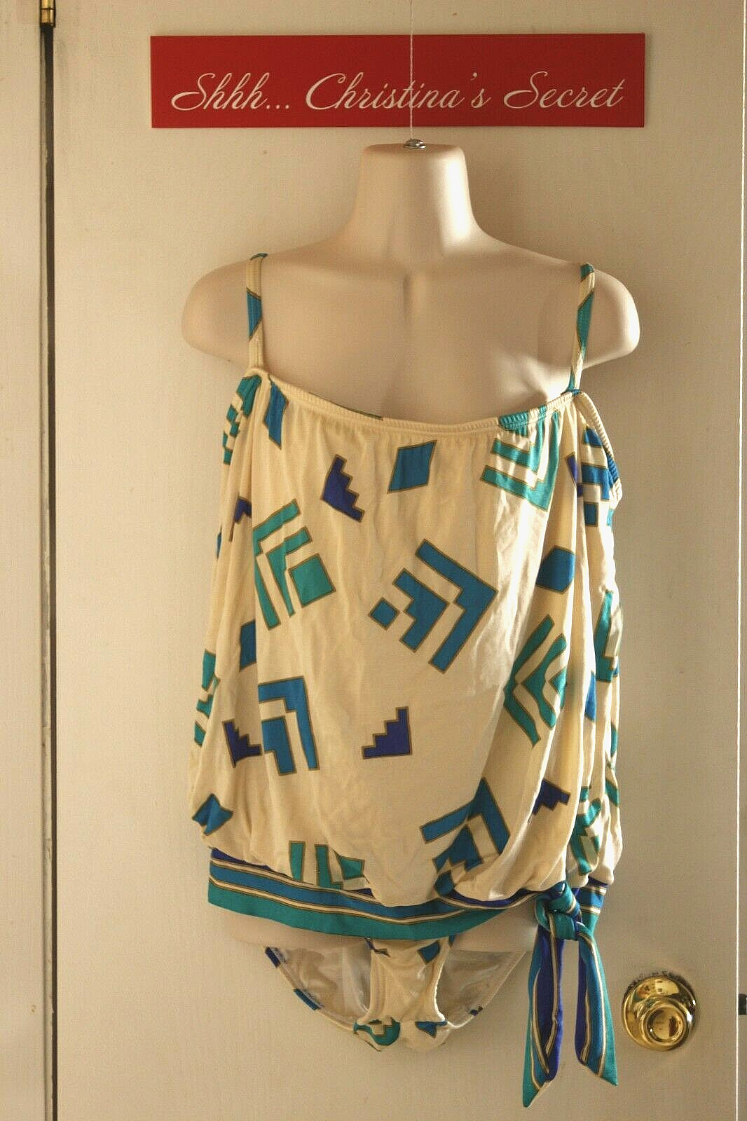 VINTAGE SEA QUEEN 70s 80s Tankini Top Bottom 2 Pc Swimsuit Ivory Blue Green 18