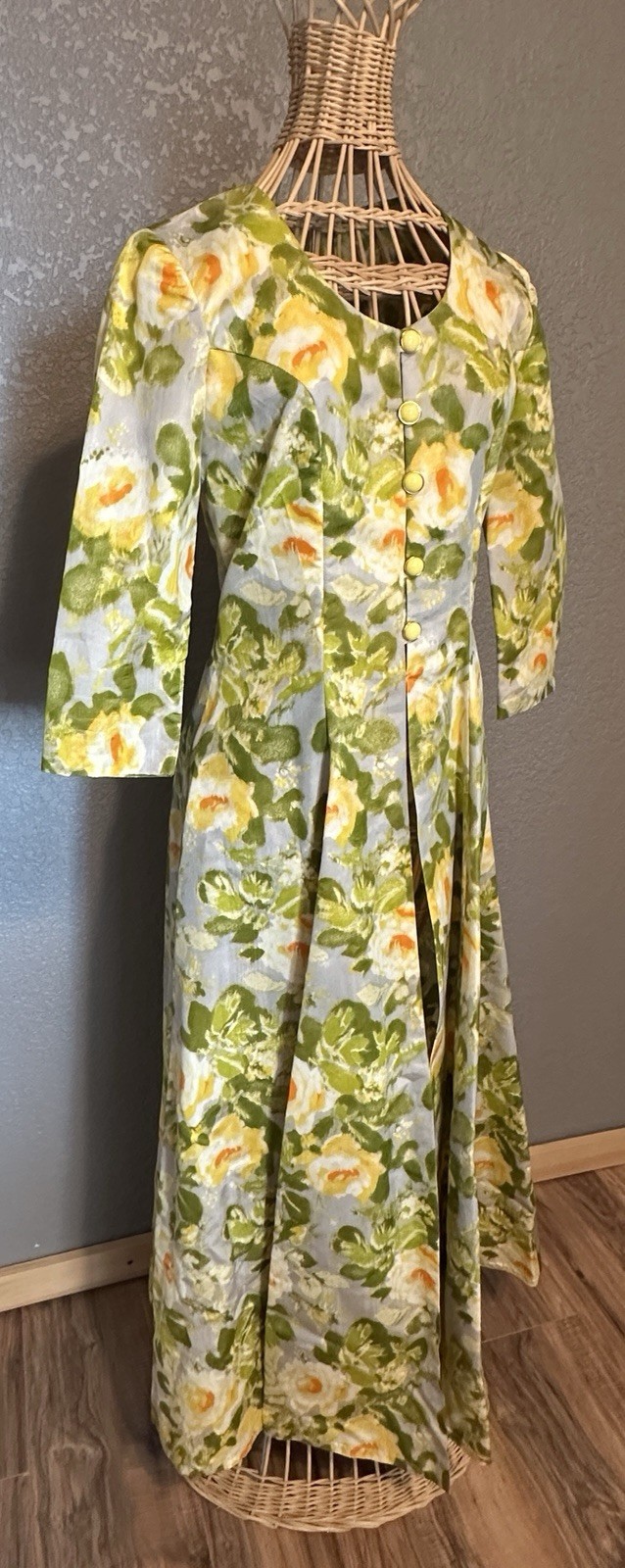 Vtg 50s Handmade Luxurious Floral Taffeta Hostess Gown Coat Glamour Mid Century