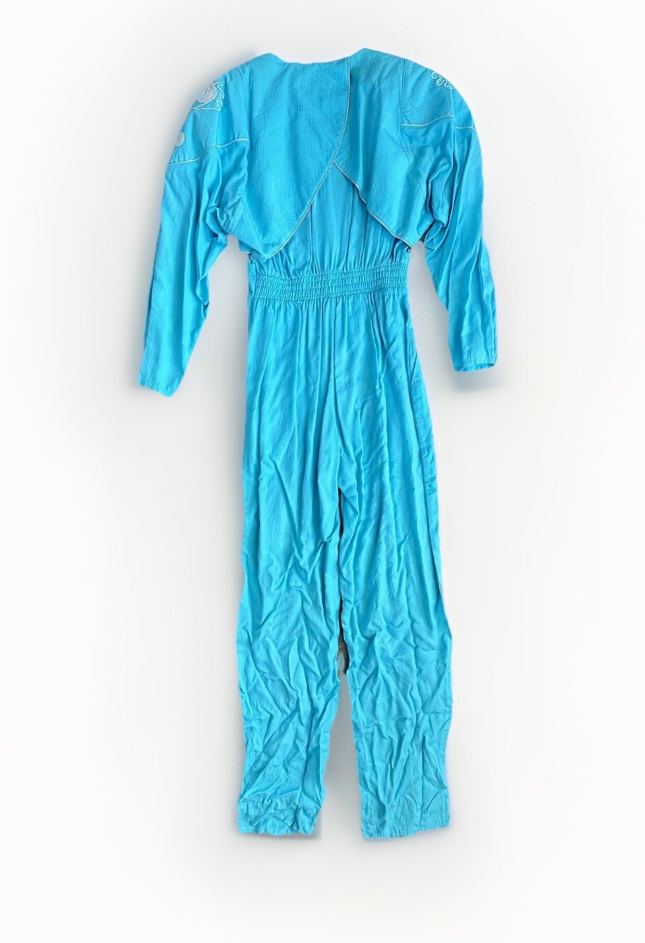 Vintage 80s 90s Teal One Piece Embroidered Tassel Fringe Jumpsuit Jacket Pants