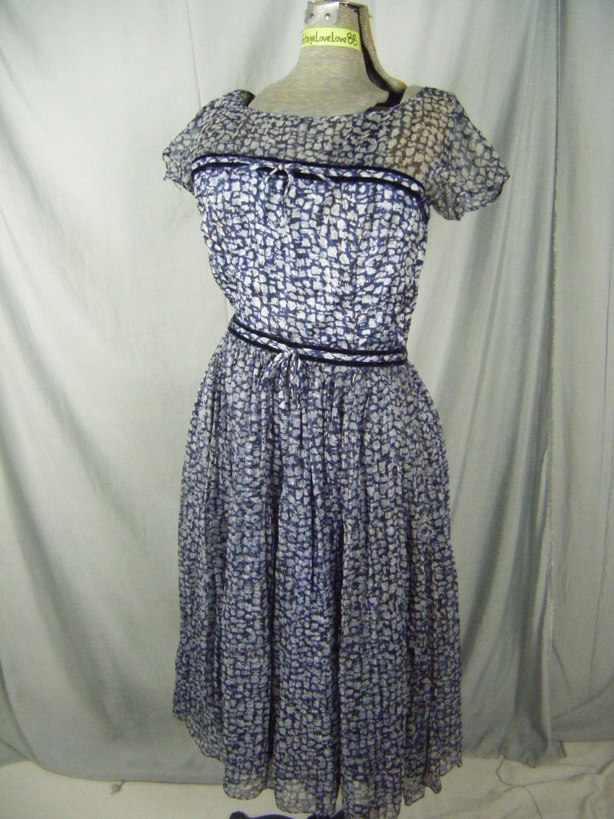 HARMAY Vtg 50s Navy White Illusion Shoulder Chiffon Bows Dress-Bust 35/XS
