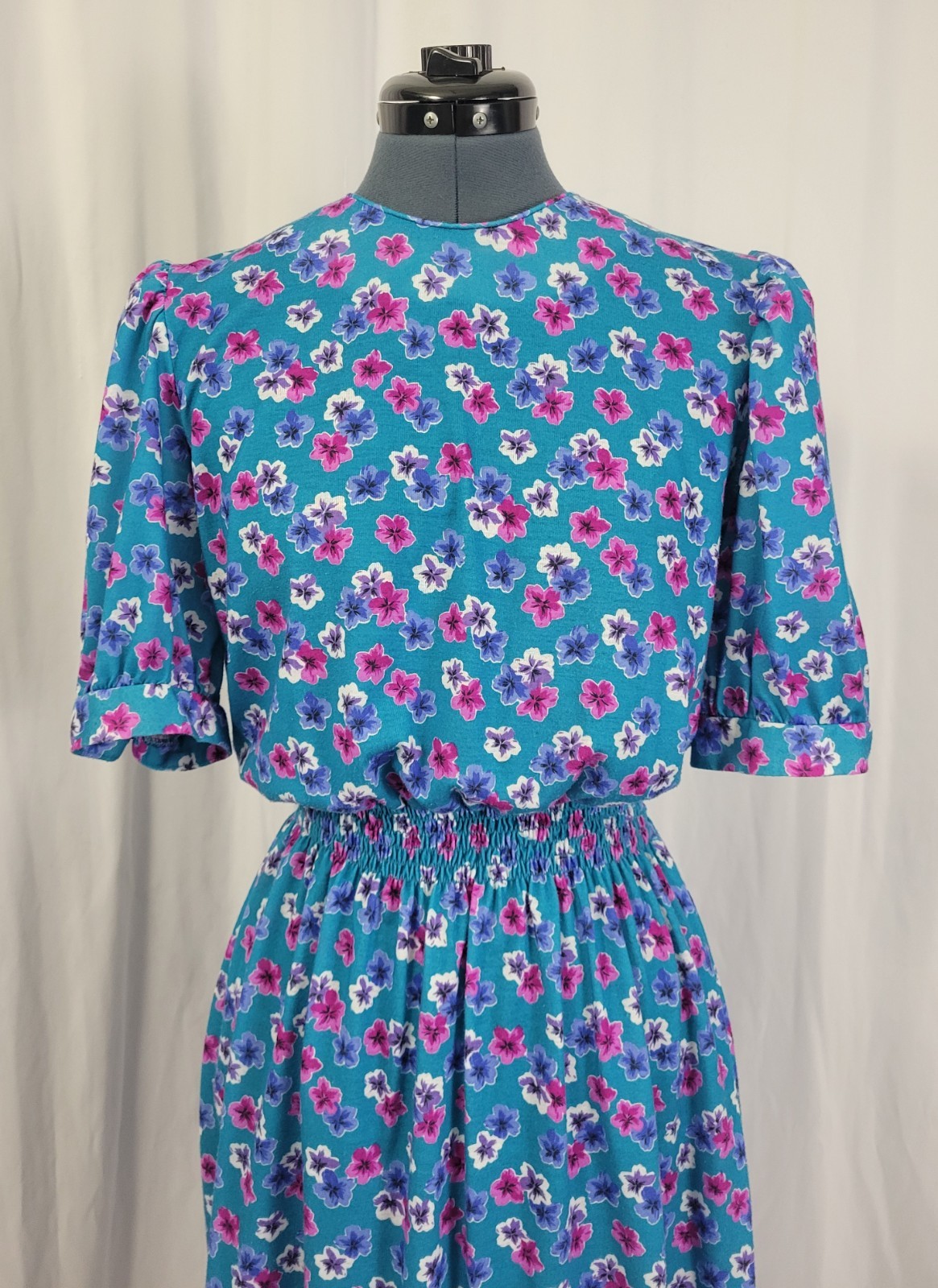 Vintage Items of CA Blue Blouson Dress w White & Purple Flowers Size 14