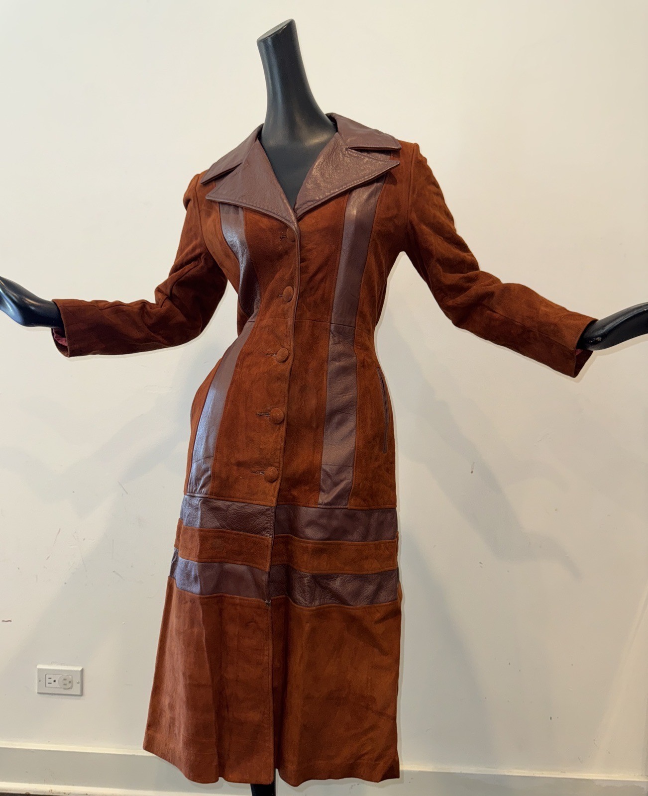 Vtg Leather Suede Long Spy Trench Coat 70s QUALITY Tie Waste Jacket MOD WW Boots