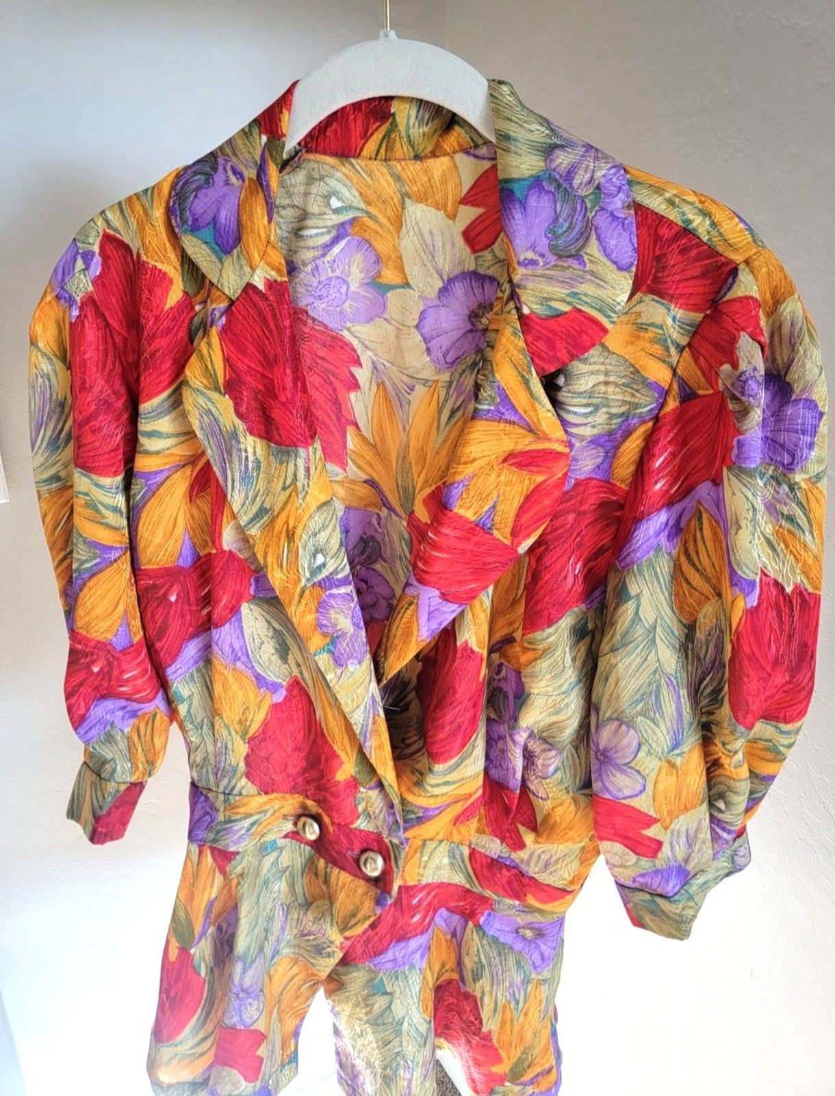 Vintage 80s 90s Floral Peplum Blouse Jacket Bold Abstract Print Gold Button Top