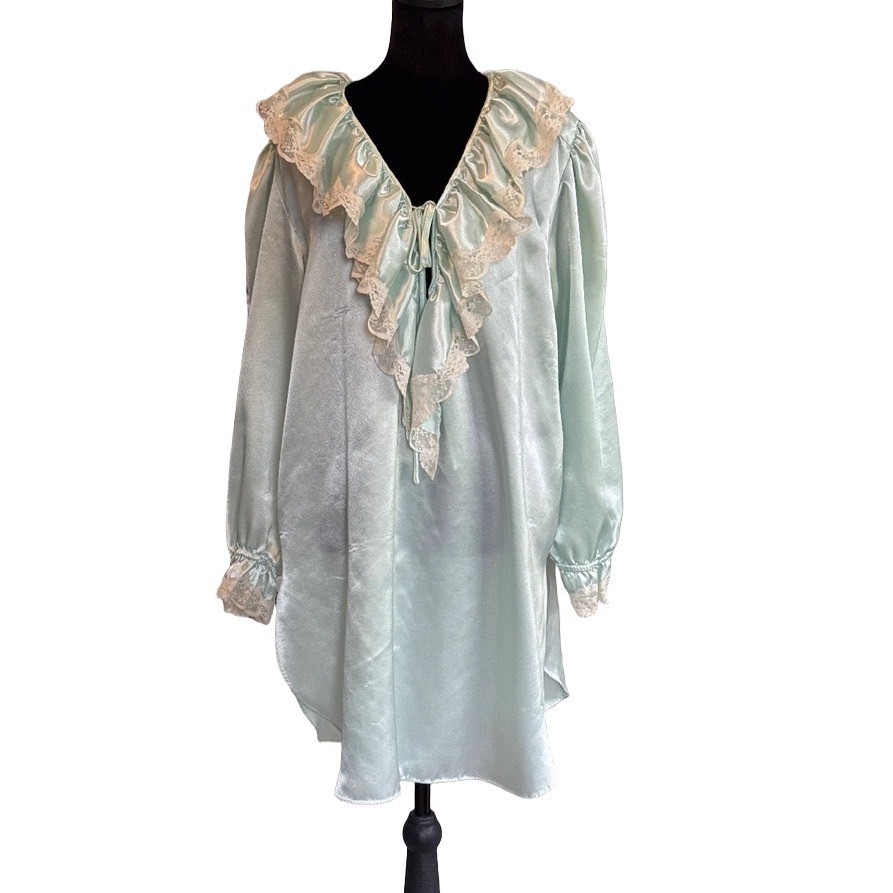 Vintage 80s Sabrina by Mervyn’s Mint Green Satin Lace Ruffle Nightgown Coquette