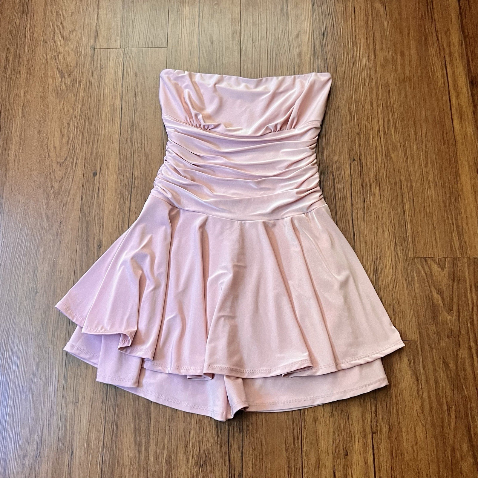Vintage Y2K Tube Dress Large Pink Ruched Skort Shorts Flare Club Cyber Rave