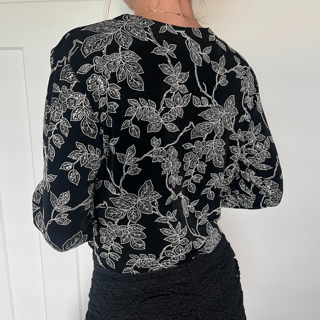 Vintage 90s Ronni Nicole Cardigan Womens Size 8 Black Silver Floral Patterned
