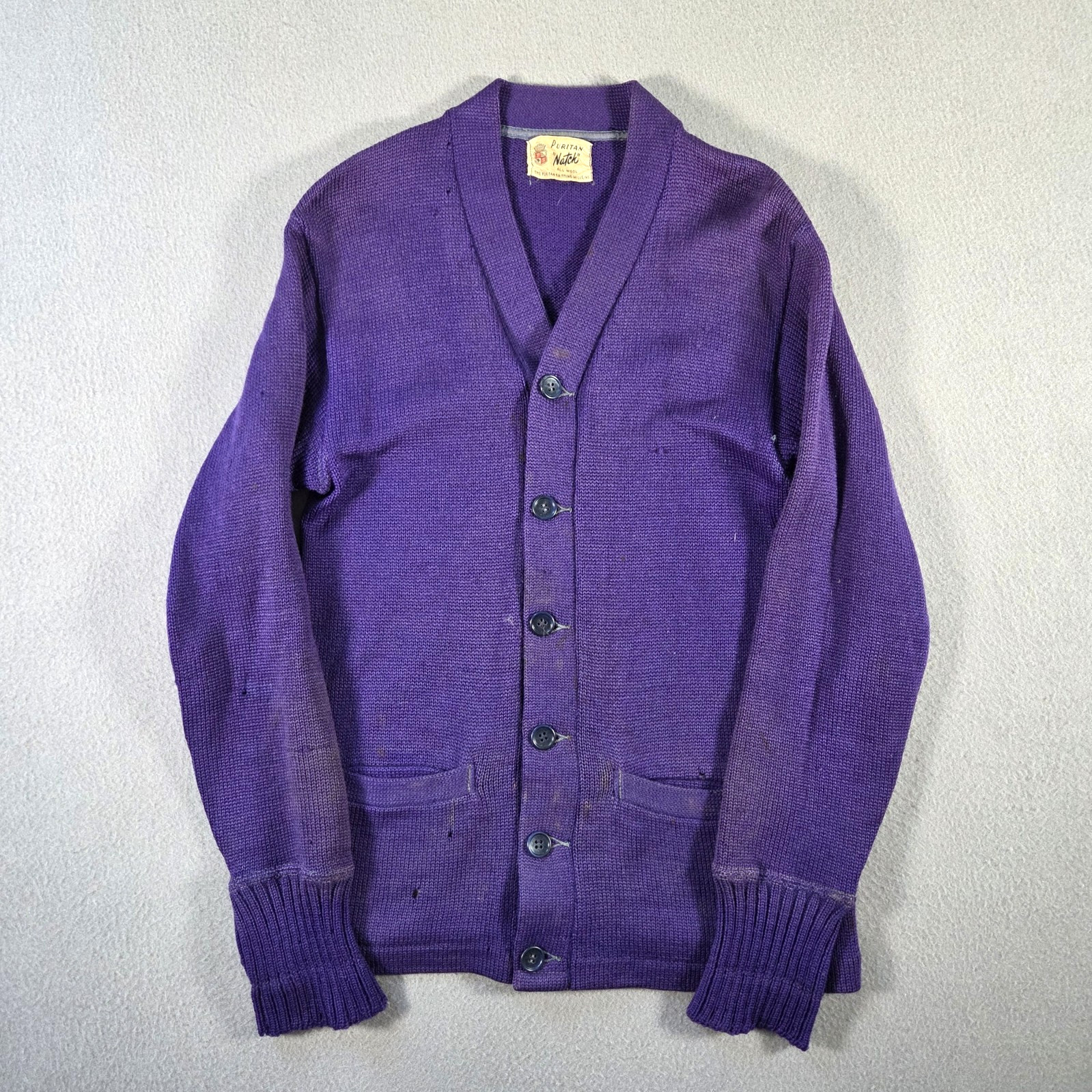 Vintage Puritan Sweater Womens Small 50s Wool Cardigan Faded Indigo Varsity