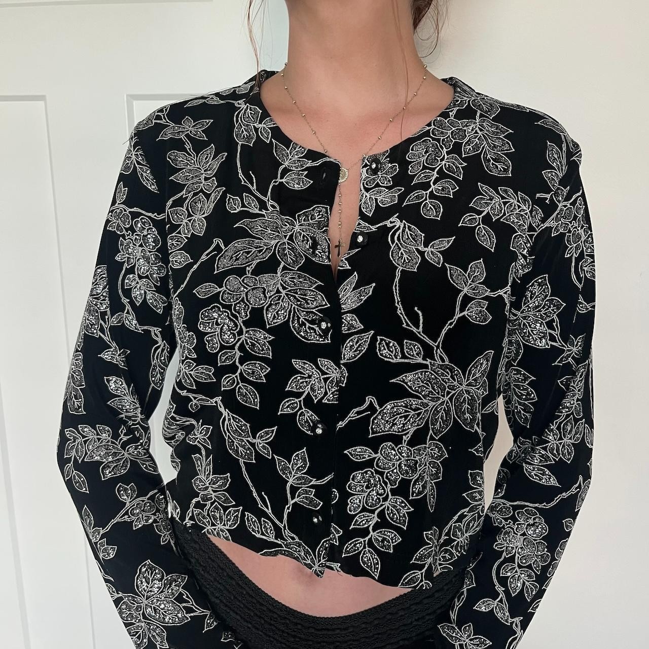 Vintage 90s Ronni Nicole Cardigan Womens Size 8 Black Silver Floral Patterned