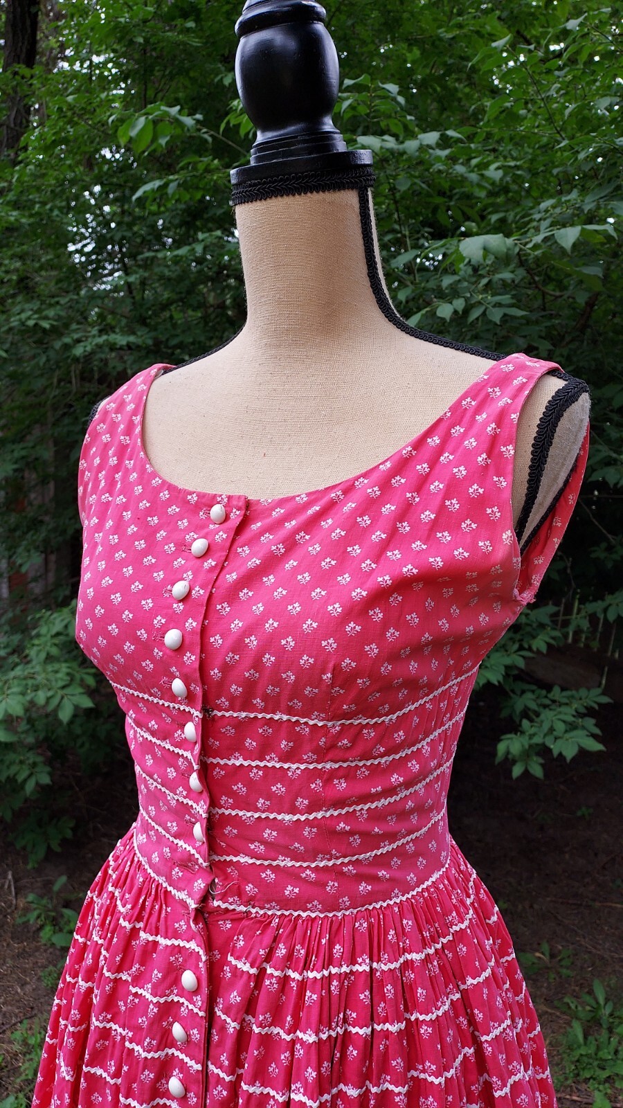 Vintage 50’s Lanz Originals Floral Print Dress Cotton Lace Button Pockets Small