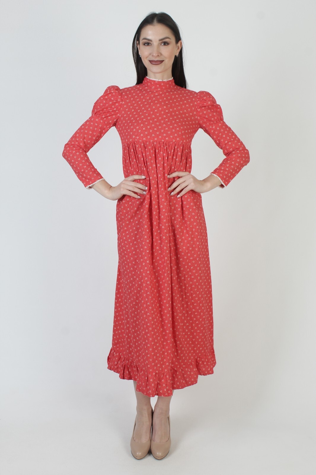 Vintage Red Floral Prairie Dress High Neck Old Fashion Hippie Boho Wedding Maxi