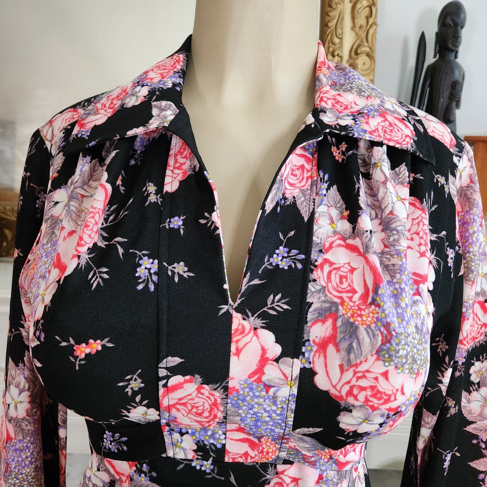 Vintage 70s Black Floral Dress Size S Maxi Cottagecore Stretch Empire Waist Boho
