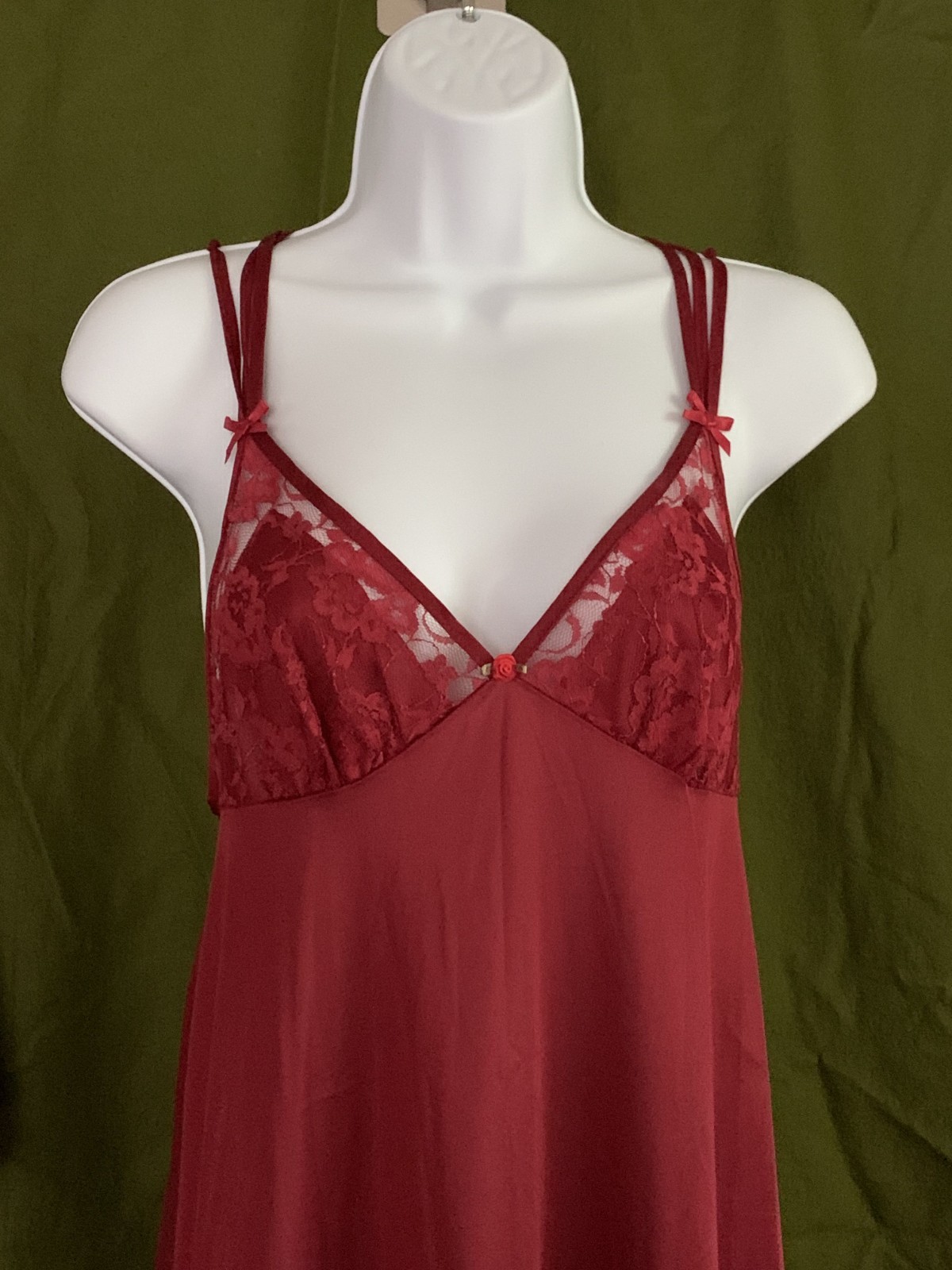 Vtg Nylon Lace Triple Strap Cross Back Maxi Nightgown Merlot Petra Fashions Sz S