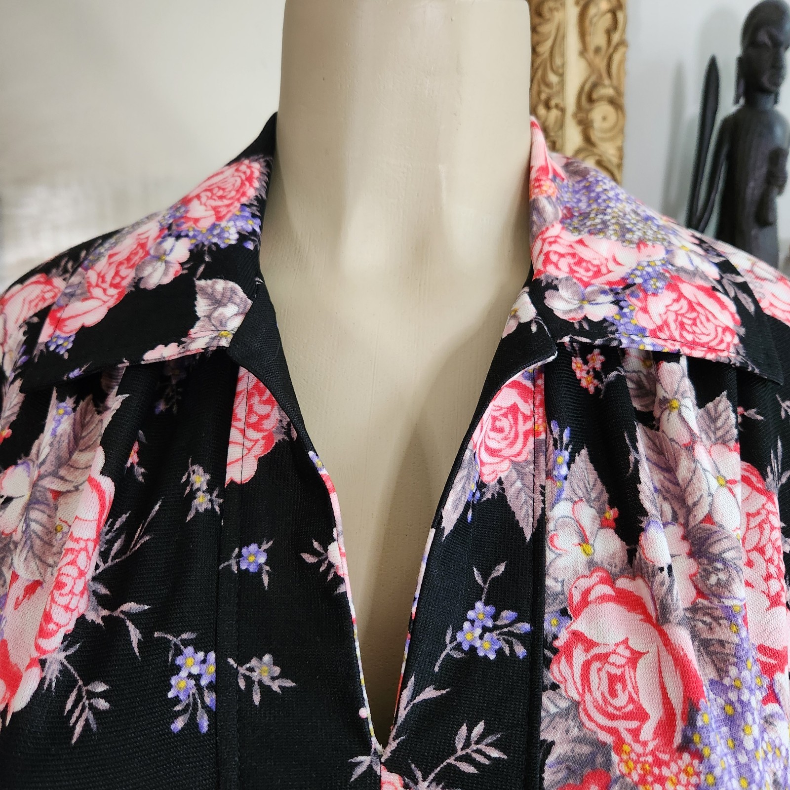 Vintage 70s Black Floral Dress Size S Maxi Cottagecore Stretch Empire Waist Boho