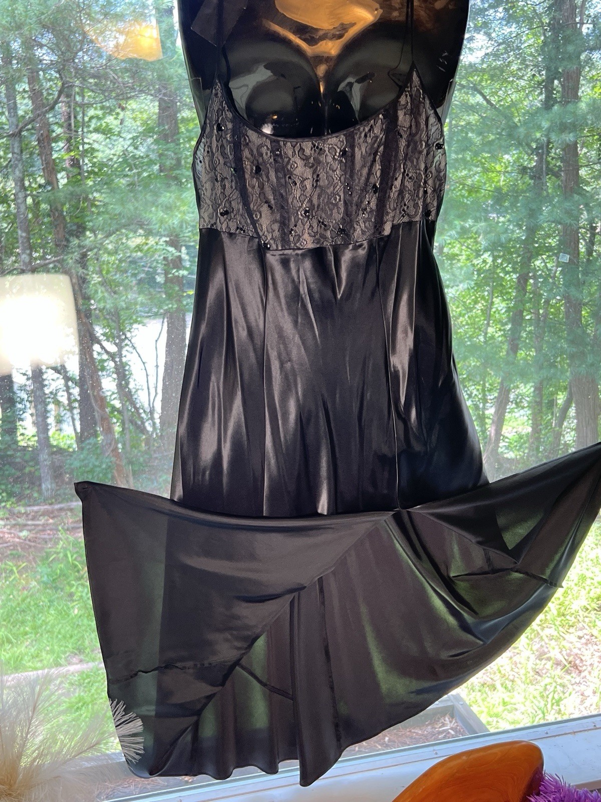 VTG sequin bias cut Silky Cacique Long BLACK EMPIRE SPLIT LINGERIE NIGHT GOWN L