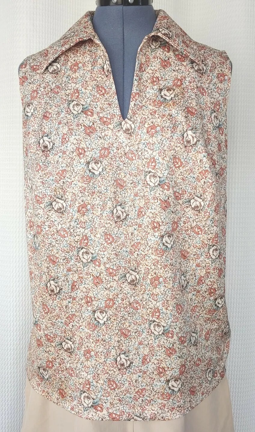 Vintage Brown/Rust/Blue Floral Sleeveless Top with Collar 40″ Bust Sz LG?