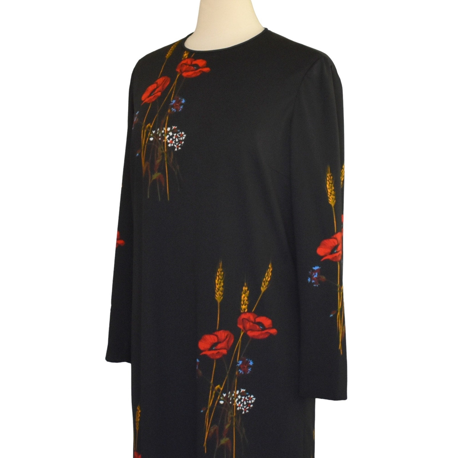 Vintage 60s Adele Simpson Floral Print Black Rayon Jersey Dress, Size M Medium