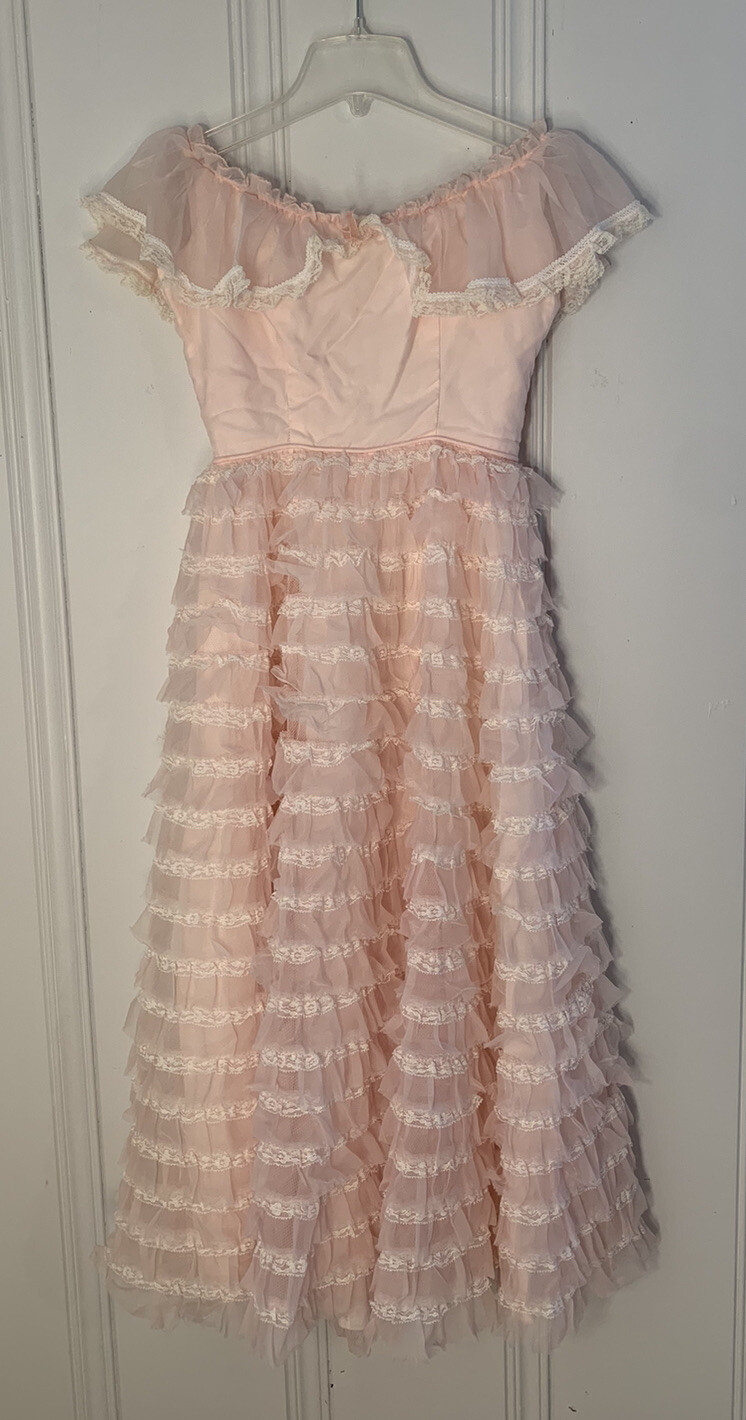 Vintage Nadine Dress Gown 1950s 1960s Prom Pink Ruffled Union Made In USA