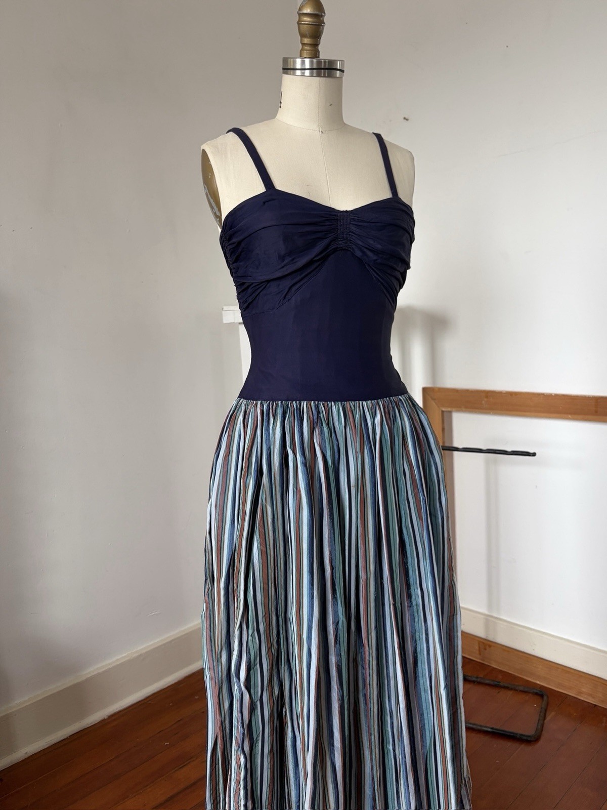Vintage 40s Rayon Maxi Dress Ruched Bodice Colorful Striped Full Sweep Skirt XXS