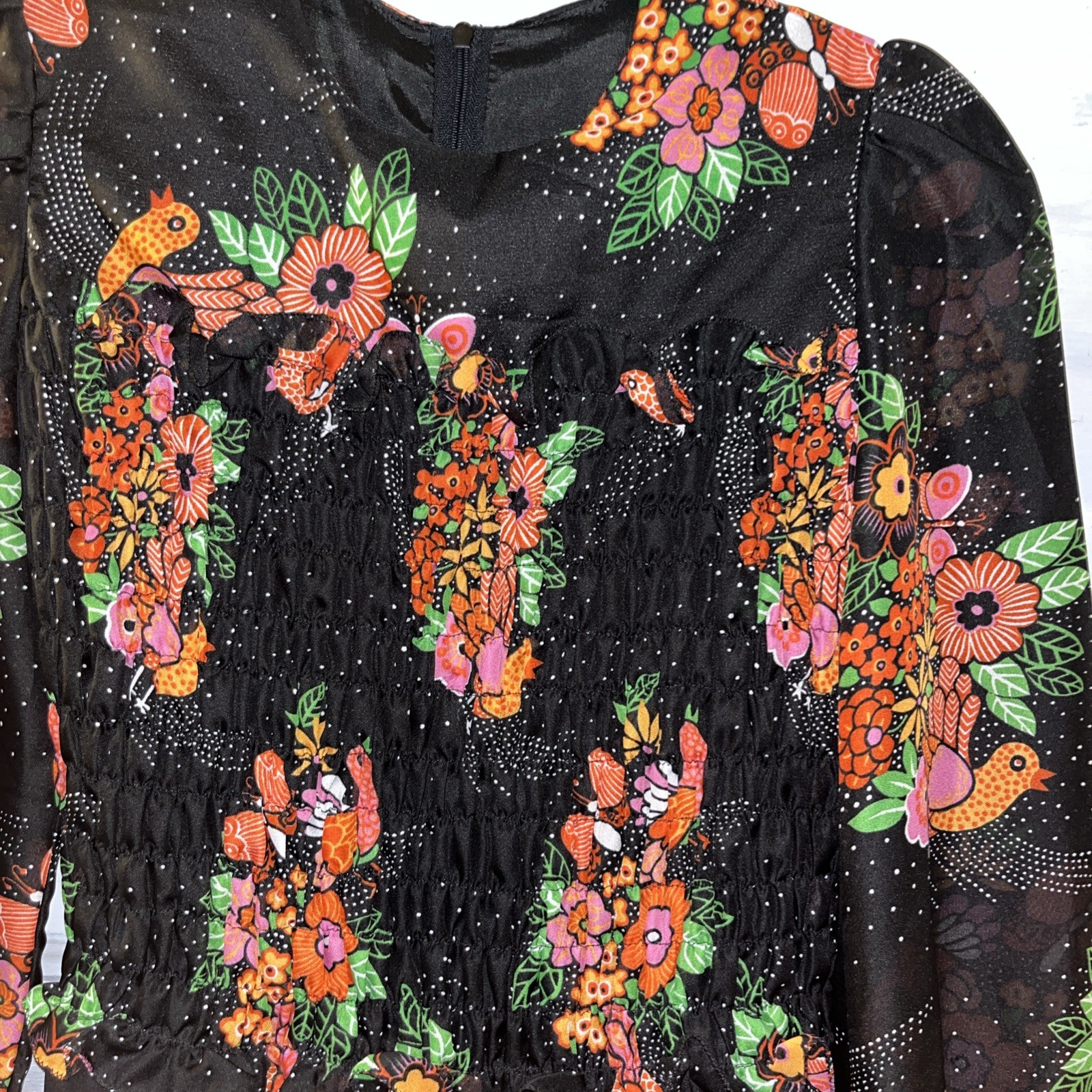 Vintage 70s European Floral Bird Hippie Mod Mini Dress Sheer Puff Sleeve Folk M