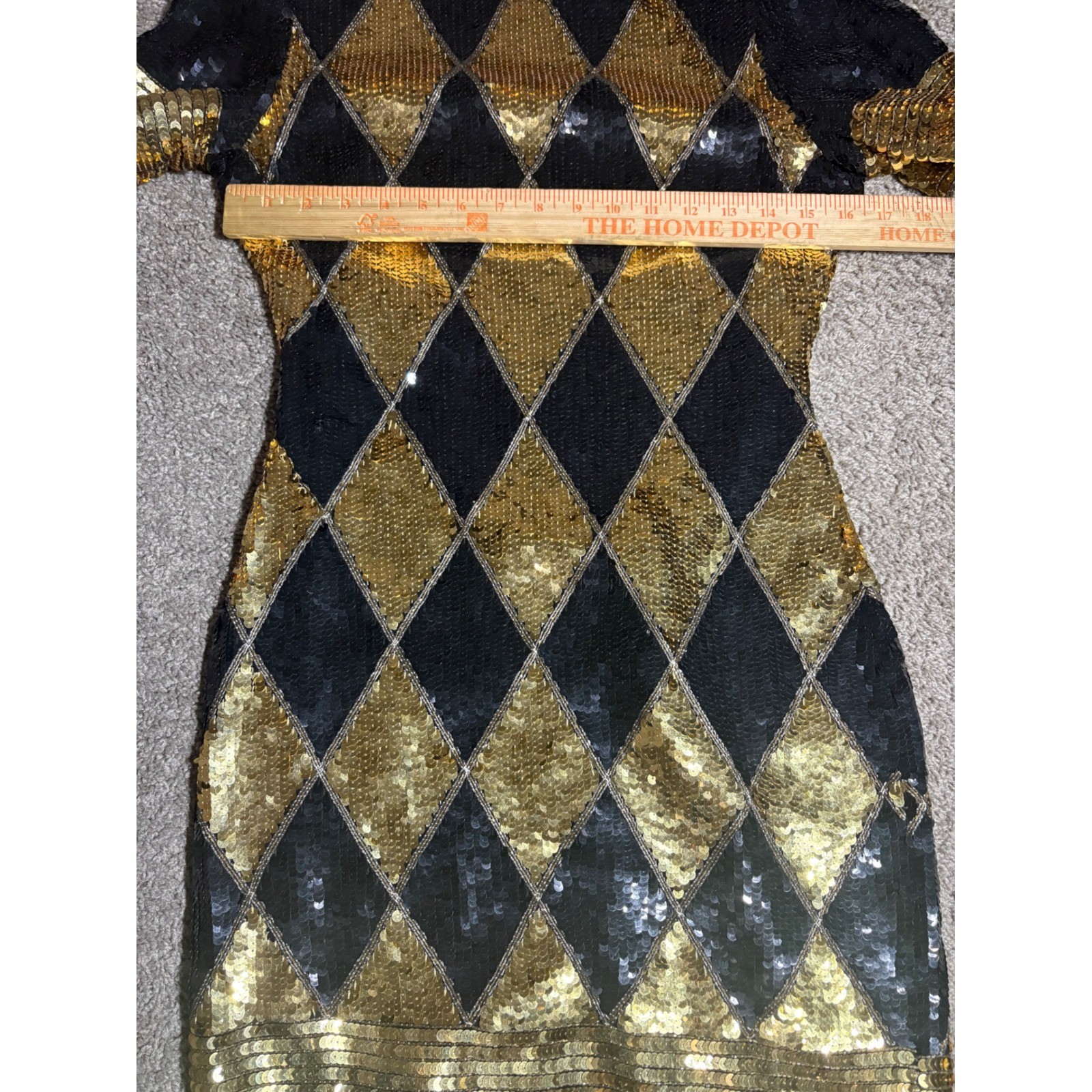 Laurence Kazar Vintage Black Gold Sequin Harlequin Silk Dress Petite Medium PM