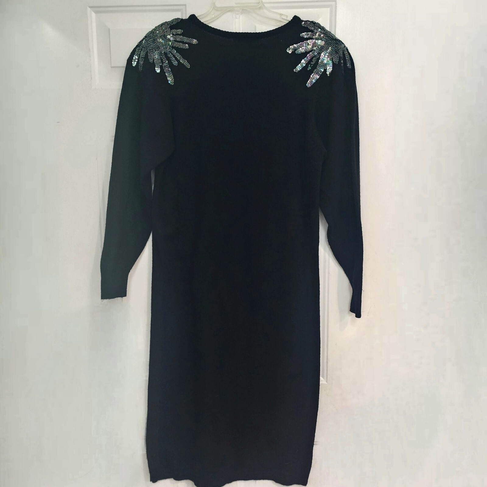 Vintage 90s Black Sequin Sweater Dress Midi Long Sleeve Vtg Party Costume Size L