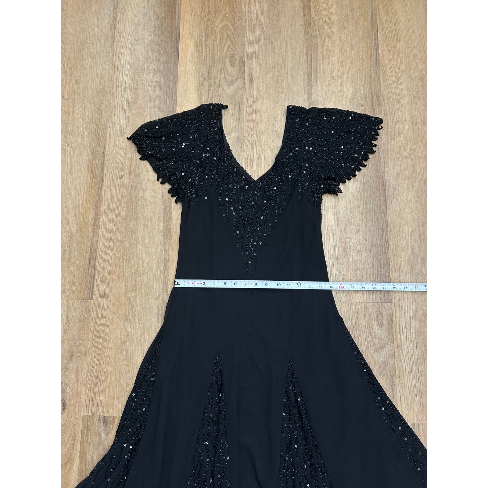 Vtg Black Beaded Handkerchief Hem Dress 16 Whimsigoth Fairycore Dark romantic
