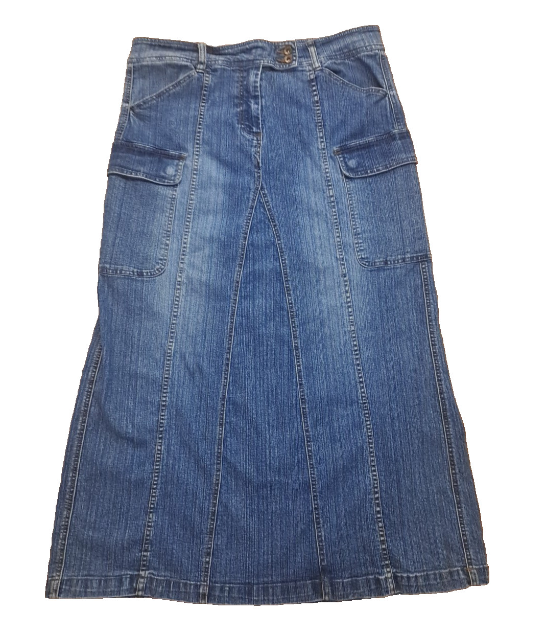 Vintage Denim Maxi Skirt Route 66 Cargo Pockets Stretch Distressed Boho 12