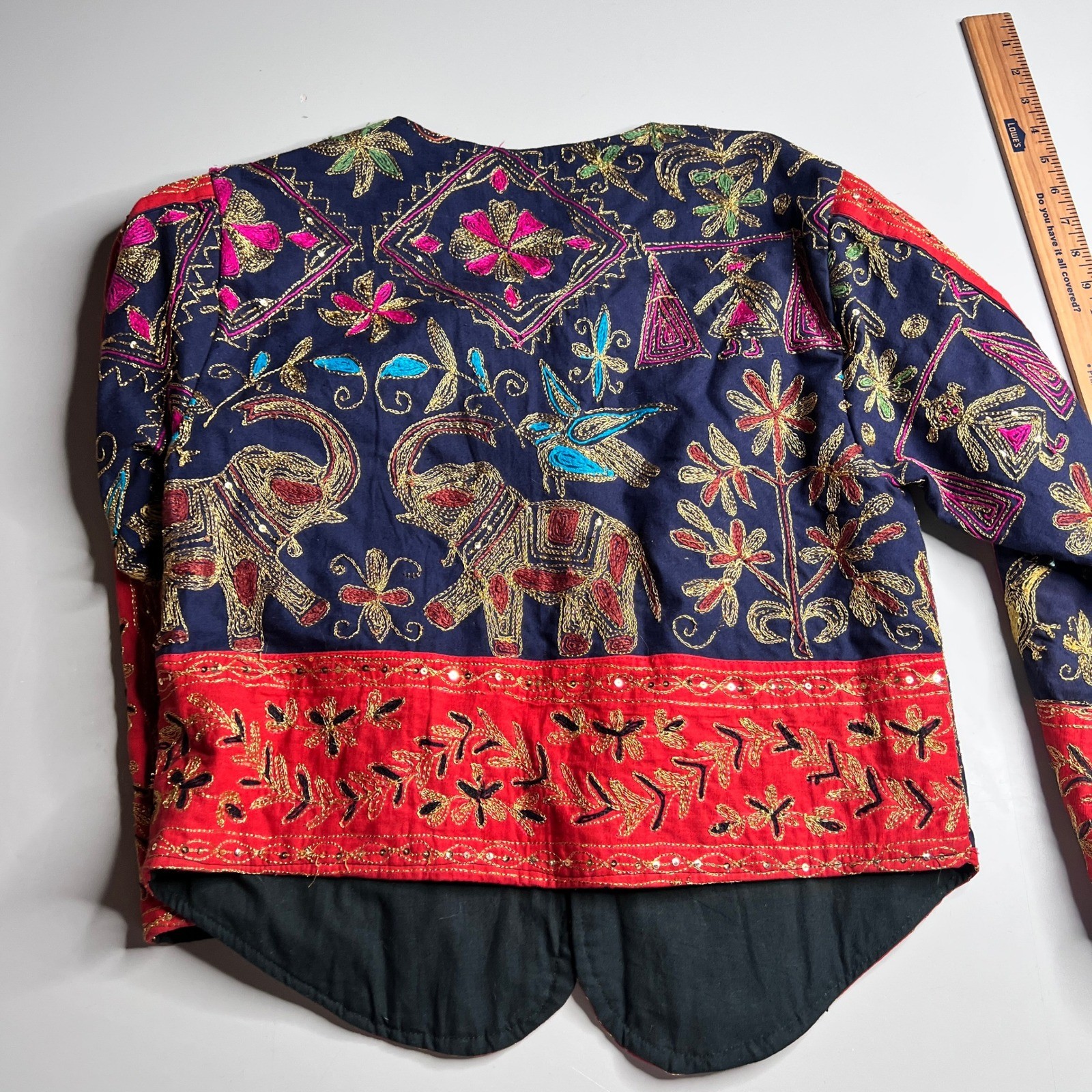 Vintage Classic India Embroidered Cotton Jacket Red Navy Elephant Boho Toggle OS
