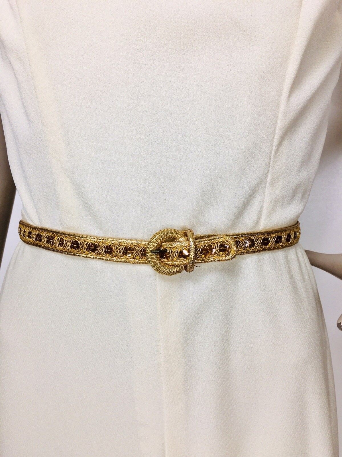 Vintage 60s Ivory & Gold Belted Dress Bolero Jacket Head Scarf 4 Piece Set