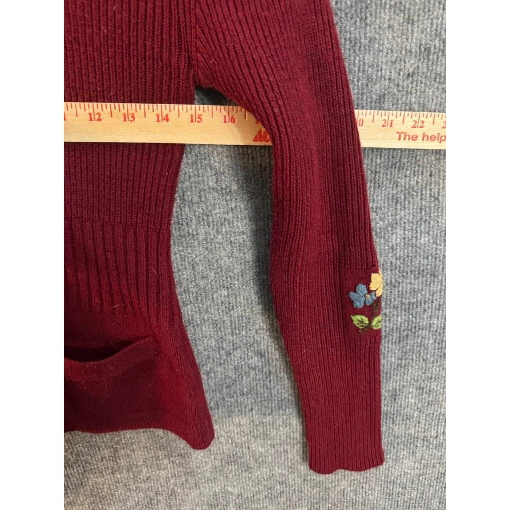 Vintage Bee-Wear Burgundy Ribbed Floral Embroidered Sweater Cottagecore Small