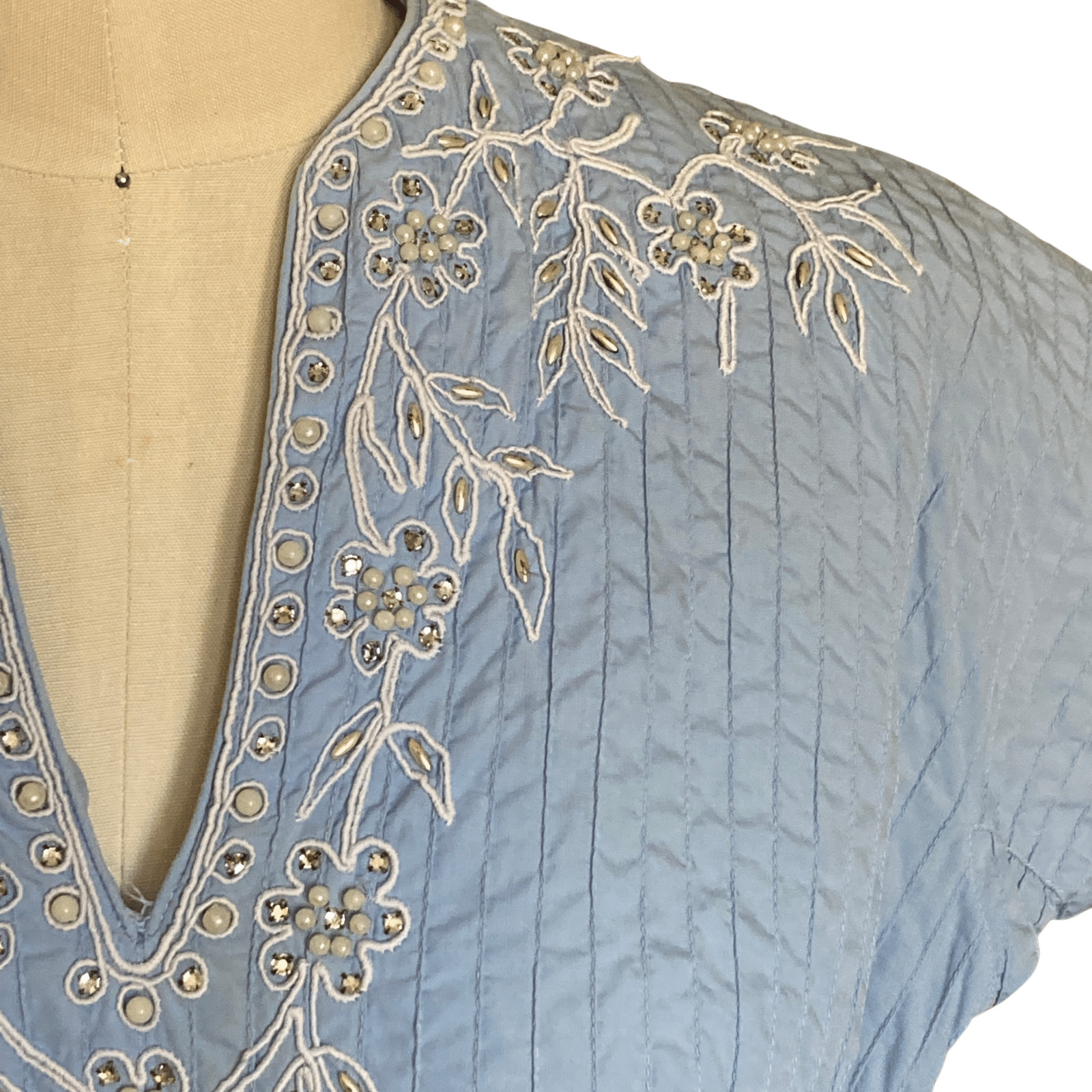 Vintage 1950s Light Blue Pearl & Rhinestone Party Dress | 1950s Cocktail Dress