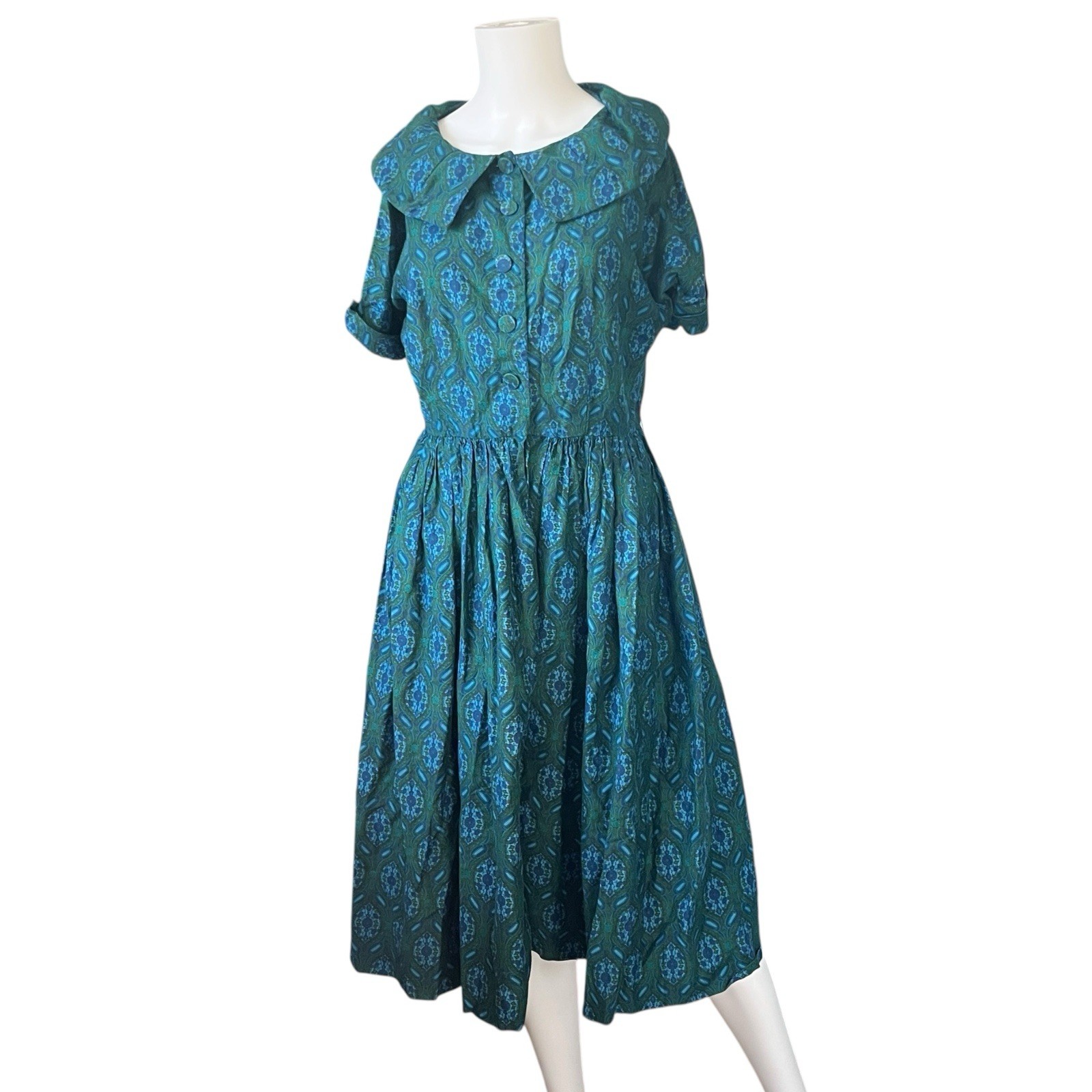 Vintage 60s Tea Dress Blue Green Short Sleeve Knee Length Colorful