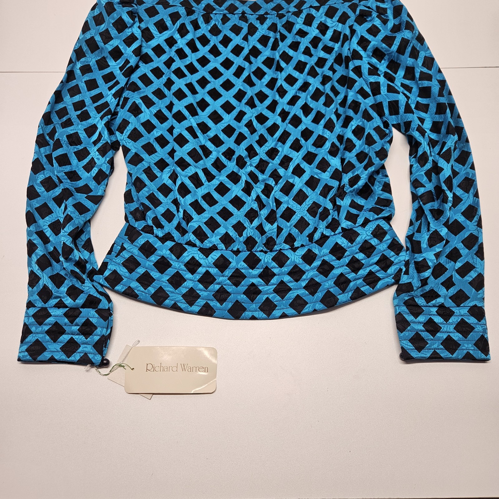 NWT Vtg 80s 100% Silk Jacquard Puff Sleeve Check Top w Scarf Blue Black Sz 10