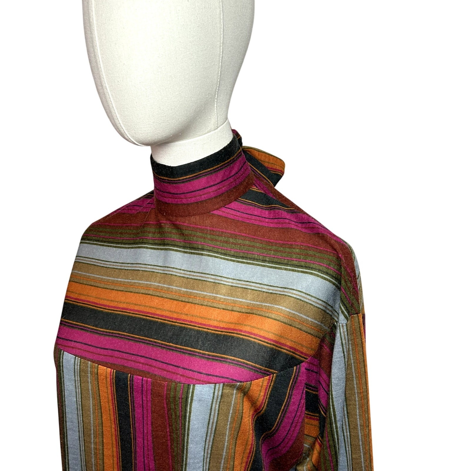 VTG 70s Knit Turtleneck Midi Dress L Pussy Bow Multicolor Bespoke Retro Twee