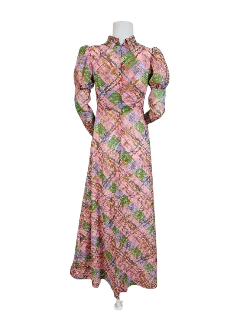 1970s Pink Green Pixelated Plaid Nylon Maxi Dress I Sz Sm I Leg o Mutton Sleeves
