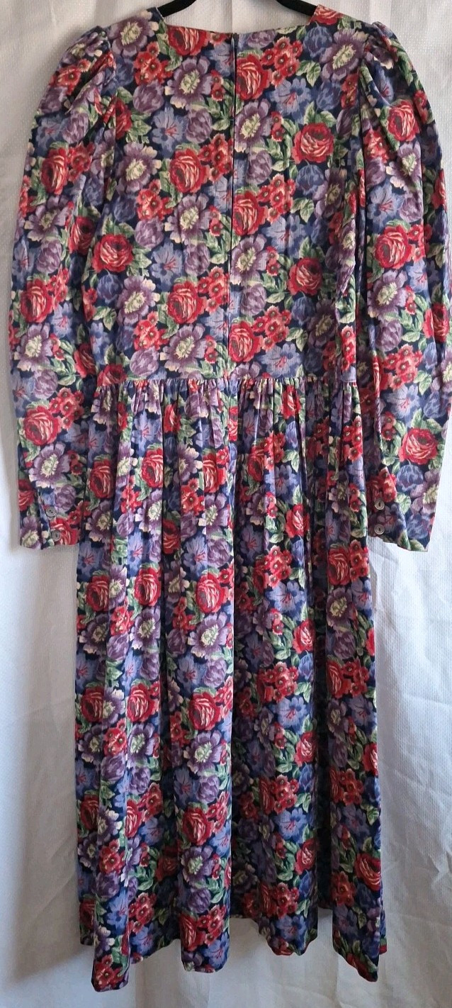 VTG 1990s Laura Ashley Blue Red Purple Floral Puff Sleeve Corduroy Dress 10