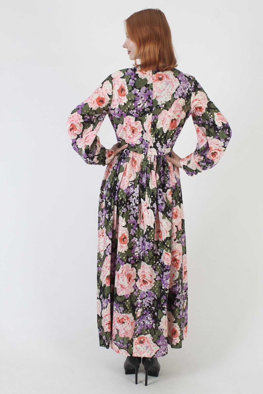 Vtg 70s Gold Metallic Dress Long Floral Cocktail Party Evening House Lounge Gown