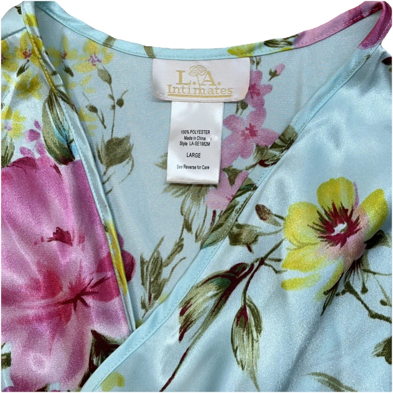 VTG LA Intimates Sz L Robe SS Kimono Wrap Blue Floral Romantic Garden Flowers